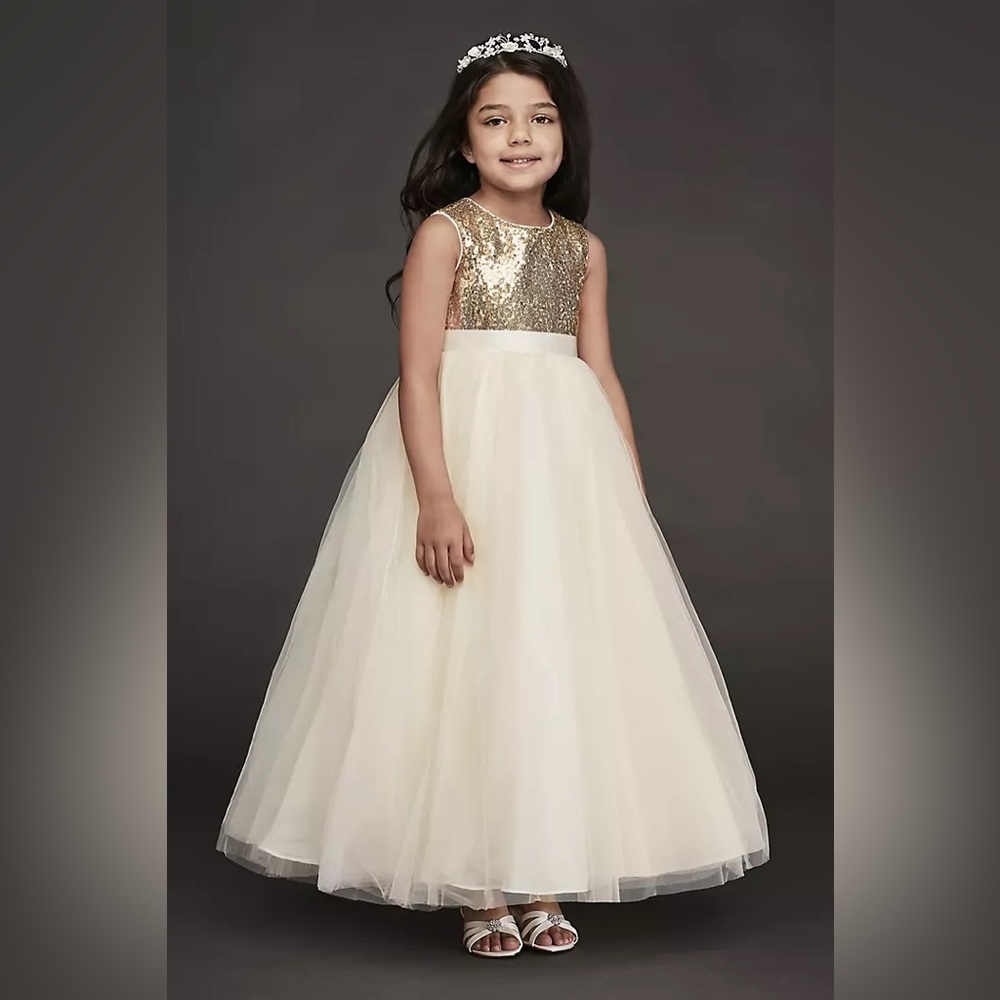 David’s Bridal Gold and Cream Flower Girl Dress
